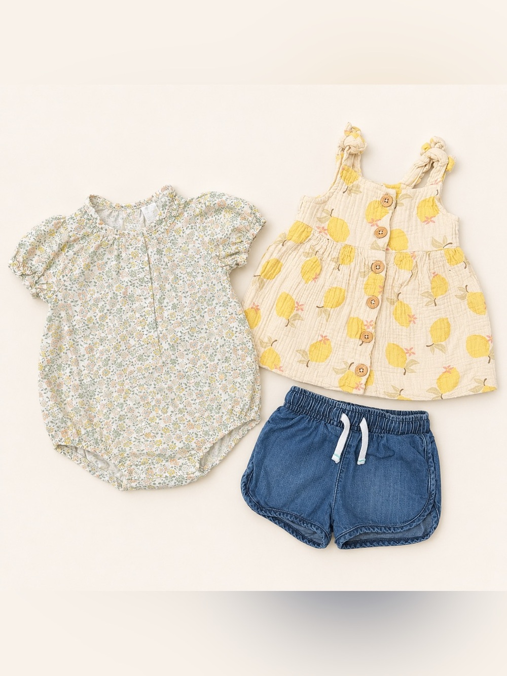 Carter's + Rabbit Bear Baby Girls Romper Dress Shorts Bundle - 12M